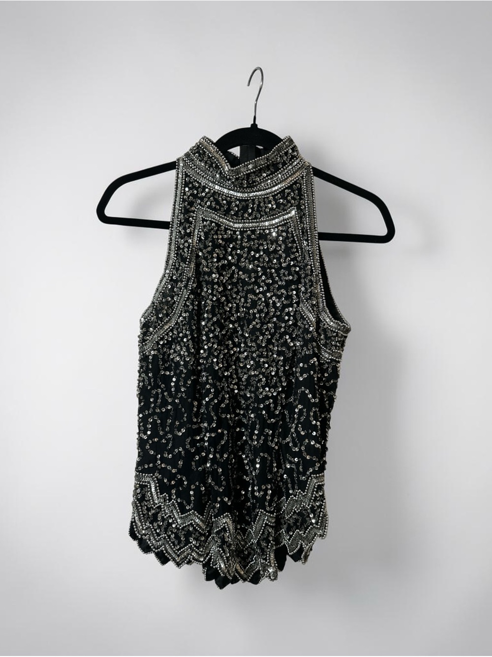 Vintage Laurence Kazar Black and Silver Beaded Silk Mock Neck Sleeveless Top